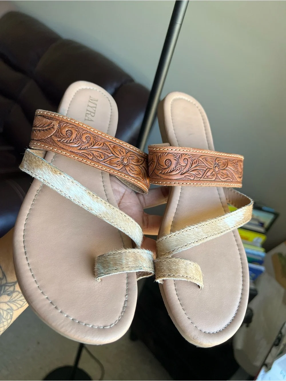 Myra Bag Tan Leather Sandals with Natural Hair-On Straps
